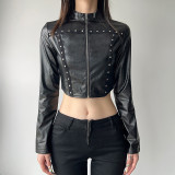 Black PU Leather Metal Rivet Zipper Long SleeveStreet Fashion Short Jacket for Women