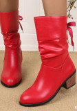 Plus Size Knight Boots Back Lace-Up Mid-Tube Boots Chunky Heel Round Toe Womens Boots