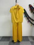 Satin Lace-Up Cap Sleeve Top Wide-Leg Pants 2-Piece Set