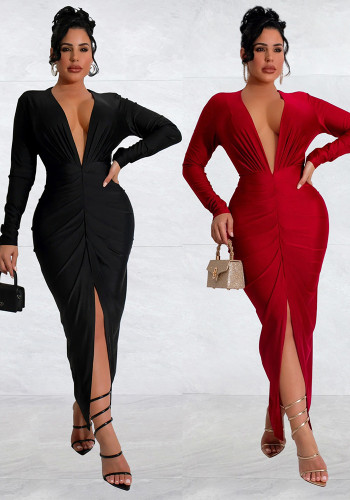 Solid Deep V-Neck Ruched Slit Midi Dress