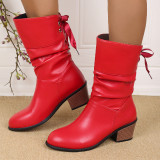 Plus Size Knight Boots Back Lace-Up Mid-Tube Boots Chunky Heel Round Toe Womens Boots