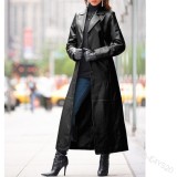 Women's Buttoned PU Leather Plus Size Slim Fit Long Trench Coat