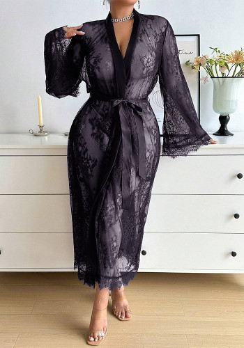 Plus Size Lace Long Sleeve Sleeping Robe Dress Sexy Lingerie