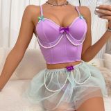 Sexy Lingerie Set Lace Pearl Cami Top Mini Skirt Thong Three Piece Set