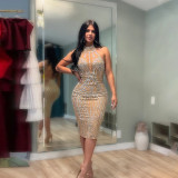 Rhinestone Low Back Sleeveless Mesh Patchwork Midi Party Dress