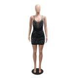 Black Rhinestone Sexy Cami V-Neck Formal Party Bodycon Dress