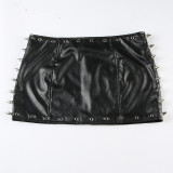 Women Punk Rivet Black Sexy PU-Leather Mini Skirt
