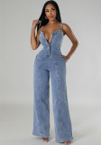 Casual Sexy Suspender Button Wide Leg Denim Jumpsuit