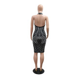 Rhinestone Low Back Sleeveless Mesh Patchwork Midi Party Dress
