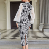 Women's Mesh Long Sleeve Plaid Printed Midi Bodycon Dress