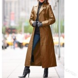 Women's Buttoned PU Leather Plus Size Slim Fit Long Trench Coat