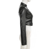Black PU Leather Metal Rivet Zipper Long SleeveStreet Fashion Short Jacket for Women