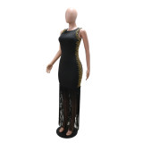 Rhinestone Round Neck Sleeveless Tassel Bodycon Maxi Party Dress