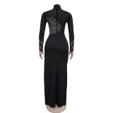 Fashionable Women's Beaded Sexy Hollow Long-Sleeved Slit Dress