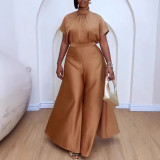 Satin Lace-Up Cap Sleeve Top Wide-Leg Pants 2-Piece Set