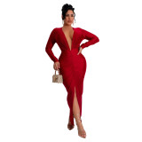 Solid Deep V-Neck Ruched Slit Midi Dress