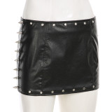Women Punk Rivet Black Sexy PU-Leather Mini Skirt