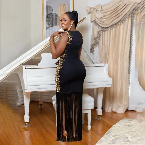 Rhinestone Round Neck Sleeveless Tassel Bodycon Maxi Party Dress