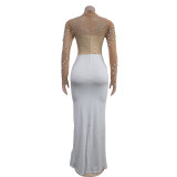 Fashion Beaded Mesh Patchwork Maxi Evening Dress
