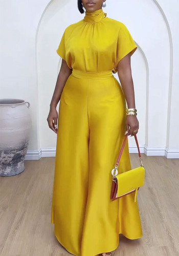 Satin Lace-Up Cap Sleeve Top Wide-Leg Pants 2-Piece Set