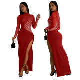 Mock Neck Long Sleeve Beaded Mesh Patchwork See Through Slit Party Dress