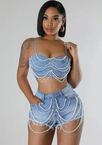 Pearl Rhinestone Chain Denim Cami Crop Top Shorts 2-Piece Set