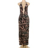 Women's Fashion Sexy Halter Neck Lace-Up Backless Leopard Maxi Dress
