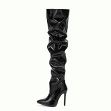 Women Pointed Toe PU Leather Tall Zipper Ruched Boots