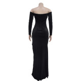 Solid Velvet Ruched Off Shoulder Slit Long Evening Dress