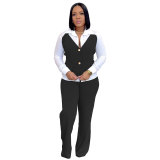 Contrast Patchwork Shirt Top Pants Two-Piece Set