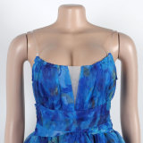 Blue Floral Patchwork Printed Cami Long Slit Dress