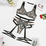 Sexy Lingerie Embroidered Mesh See Through Garter Lingerie Set