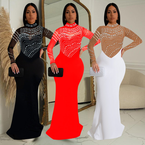 Fashion Beaded Mesh Patchwork Maxi Evening Dress