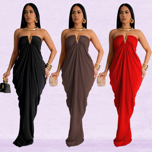 Solid Sexy V-Bar Strapless Ruched Maxi Dress