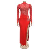 Fashionable Women's Beaded Sexy Hollow Long-Sleeved Slit Dress