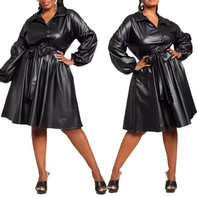 Solid Black PU Leather Loose Casual Plus Size Dress