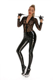 PU Leather Mesh Patchwork Zipper Jumpsuit with Gloves Sexy Lingerie Wholesale