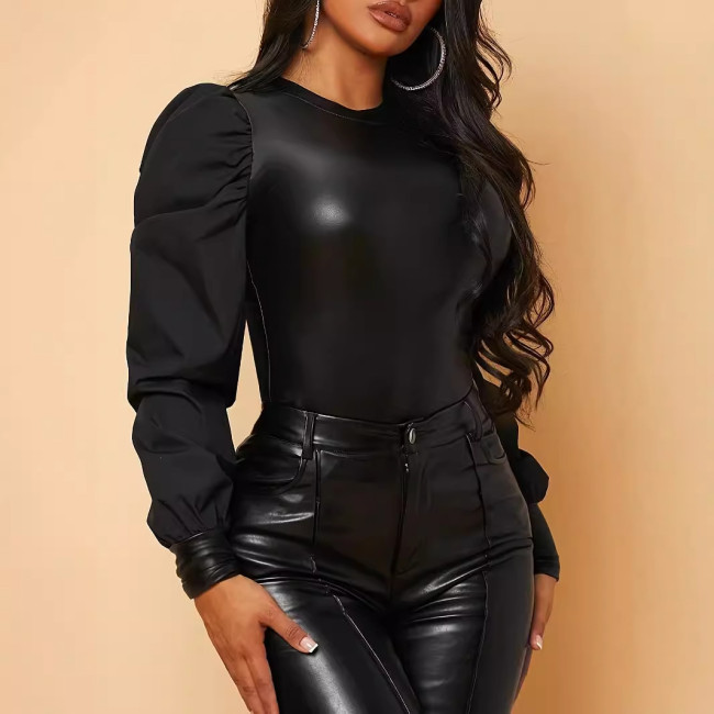 PU-Leather Round Neck Long Sleeve Puff Sleeve Chic Top