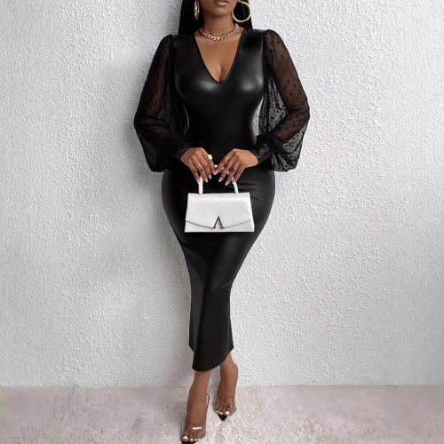 Black Deep-V Neck PU Leahter Mesh Puff Sleeve Long Bodycon Dress