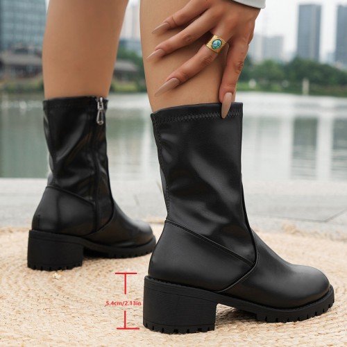 Ladies PU Leather Lug Sole Mid-calf Boots