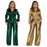 Sexy V-Neck Lantern Sleeve Shiny PU Leahter Fashion Jumpsuit Wholesale