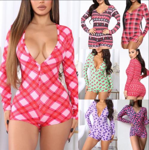 Valentine's Day Print Long Sleeve Comfortable Pajamas Sexy V-Neck Rompers Home Clothes