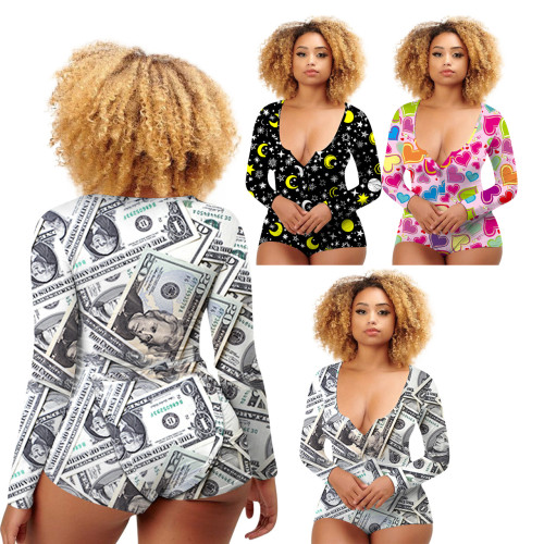 Valentine's Day Onesie Sexy Print Home Pajamas Rompers with Butt Flip