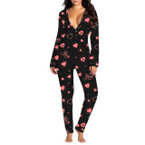 Heart Print Pajamas Jumpsuit Home Clothes Valentine's Day Onesie