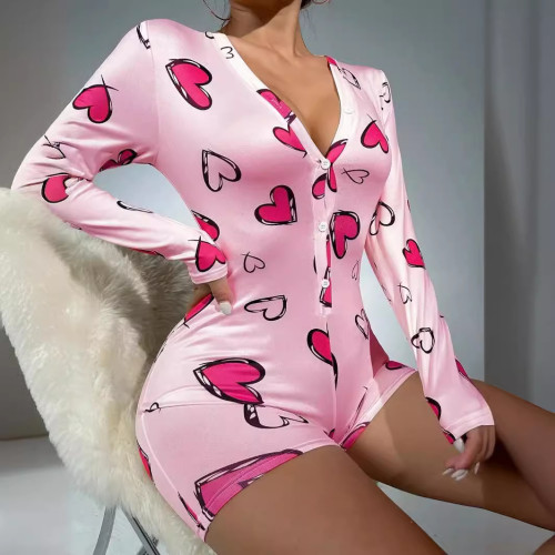 Valentine's Day Onesie Heart Print Home Pajamas Rompers