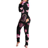 Heart Print Pajamas Jumpsuit with Butt Flip Home Clothes Valentine's Day Onesie