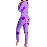 Heart Print Pajamas Jumpsuit with Butt Flip Home Clothes Valentine's Day Onesie