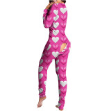 Heart Print Pajamas Jumpsuit with Butt Flip Home Clothes Valentine's Day Onesie