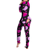 Heart Print Pajamas Jumpsuit with Butt Flip Home Clothes Valentine's Day Onesie
