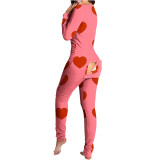 Heart Print Pajamas Jumpsuit with Butt Flip Home Clothes Valentine's Day Onesie